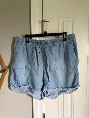 Workshop Republic Clothing Light Blue High-Waist Drawstring Linen-Blend Shorts